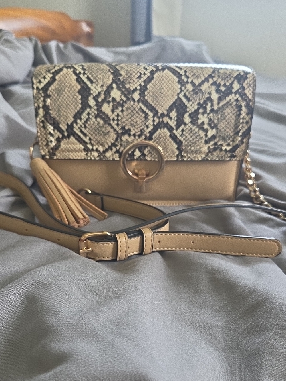 Aldo Beige Crossbody Bag with Snake-Print Flap and Tassel